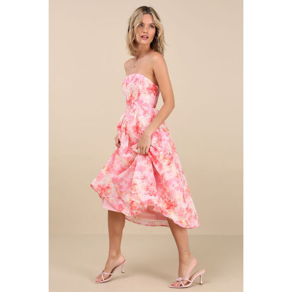 Lulus Eulalia Pink Floral Lace-up Strapless Bustier Midi Dress - Size L